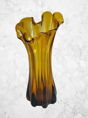 Mid Century Modern Amber Yellow Gold Ruffle Swung Table Vase Handkerchief Glass